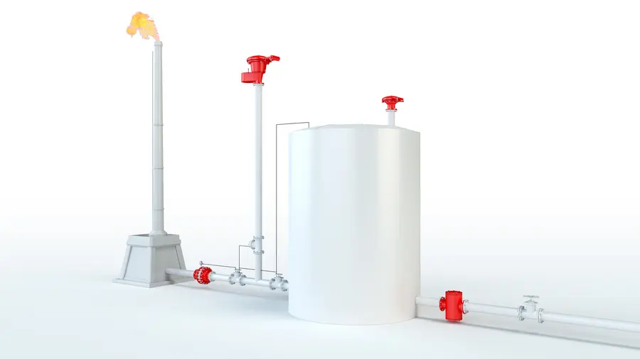 Eine 3D-Darstellung zeigt einen großen weißen Lagertank, der über Rohrleitungen mit einem Fackelturm verbunden ist, aus dem eine Flamme lodert; an den Entlüftungsöffnungen und der Rohrleitung sind rote Armaturen angebracht.