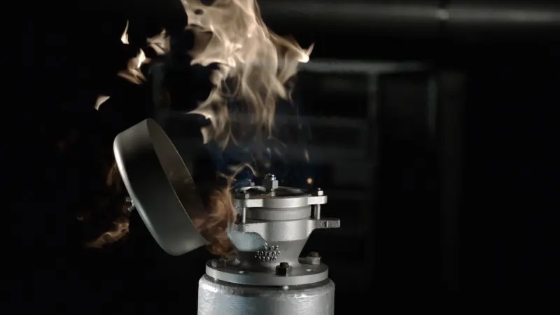 A PROTEGO® device undergoing an endurance burning test, with flames visible