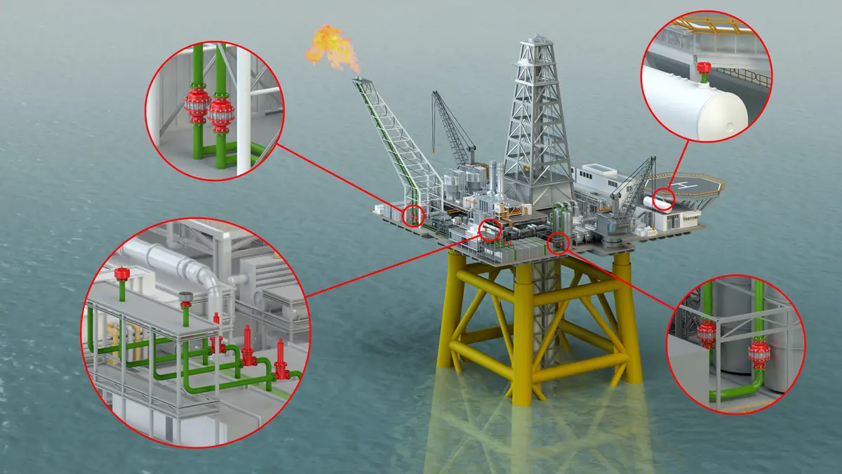 Plataforma petrolífera offshore com equipamentos de segurança PROTEGO® instalados em vários pontos para garantir proteção e operação ideais.