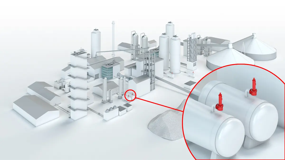 Diagram of a carbon capture and storage facility with a focus on storage tanks and integrated equipment.
