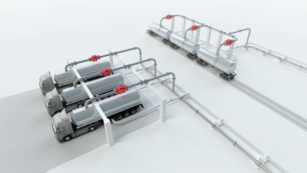 Diagrama mostrando as linhas de retorno de vapores e a proteção para sistemas de carregamento, apresentando caminhões e vagões ferroviários equipados com equipamentos PROTEGO®.