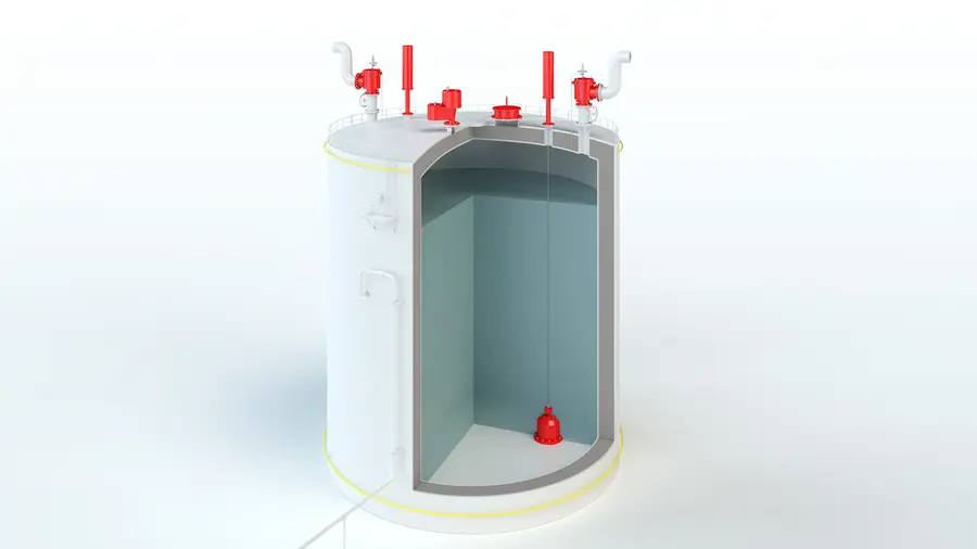 A cutaway 3D rendering of a vertical cylindrical storage tank, showing red vent/safety devices on the roof and a small red component at the bottom inside the empty tank.