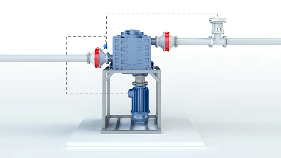 Una representación en 3D muestra un ventilador o compresor industrial azul sobre un bastidor metálico conectado a una red de tuberías, con equipos de seguridad en línea de color rojo a ambos lados y recuadros con líneas discontinuas que indican las secciones supervisadas.