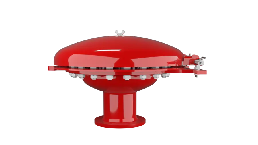 Ein rotes, kuppelförmiges Industrie-Entlüftungsventil auf einem kurzen Sockel mit verschraubtem Rand und seitlichem Gestänge, dargestellt als 3D-Rendering vor schwarzem Hintergrund.