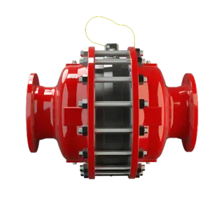 An industrial pipeline with a large bolted pressure vessel and gauges sits on a waterfront platform,A red flanged inline valve device with a transparent central section and bolts is shown as a 3D render on a black background.with a cargo ship in the background.