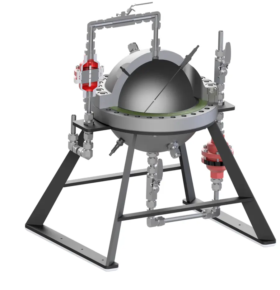 Rendered illustration of a spherical industrial pressure vessel mounted on a metal frame with multiple valves, pipes, and instrumentation attached.