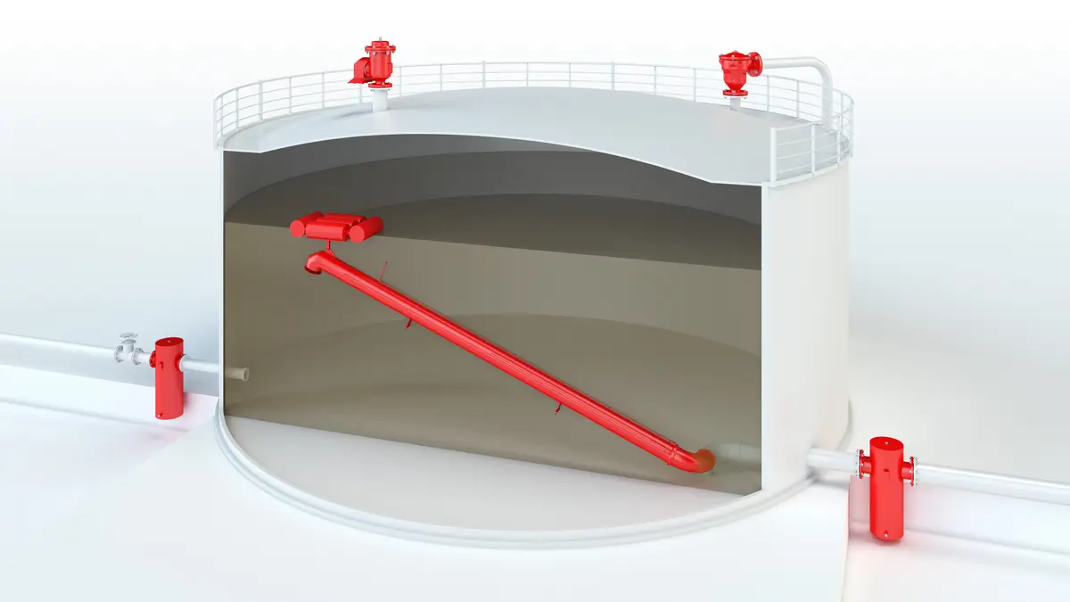 Fixed roof storage tank equipped with PROTEGO® safety devices and internal piping.