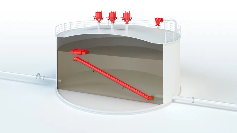 Tanque de armazenamento de combustível de aviação equipado com diversos equipamentos PROTEGO®.