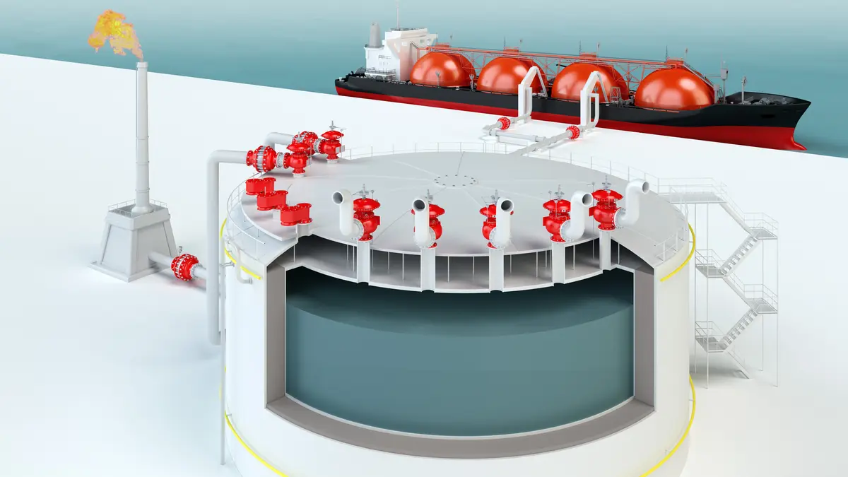 Kühl- und Kryo-LNG-Speichertank, ausgestattet mit verschiedenen PROTEGO®-Armaturen.