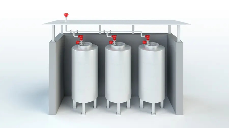 A 3D rendering shows three vertical storage tanks under a roof, connected by overhead piping with red safety vent valves on top.