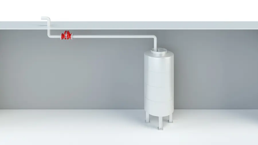 A 3D rendering shows a vertical cylindrical storage tank connected to an overhead vent pipe, with a red inline safety device installed along the pipe.
