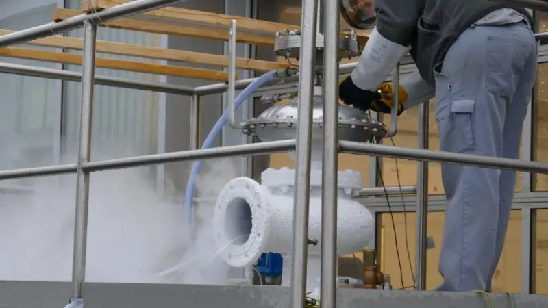 A technician adjusts a frost-covered industrial valve on an elevated platform as cold vapor vents from the connected pipe during testing.