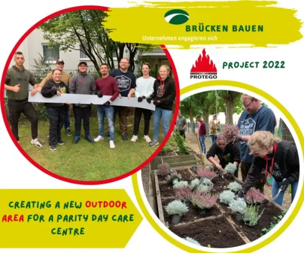 A poster-style collage titled “Brücken bauen” and “PROTEGO Project 2022” shows volunteers holding a long board and planting flowers to create a new outdoor area for a day care centre.