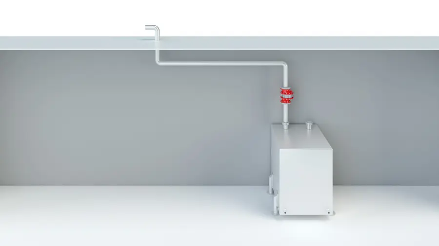 A 3D rendering shows a small rectangular tank connected to an overhead vent pipe, with a red valve device mounted on the vertical section.