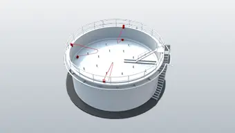 Small 3D rendering of an open-top circular storage tank with a walkway and railing, showing red arrows indicating internal flow paths.